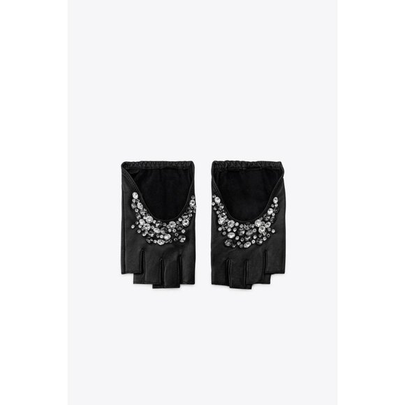 ZARA JEWELLED LEATHER MITTENS - Picture 1 of 4